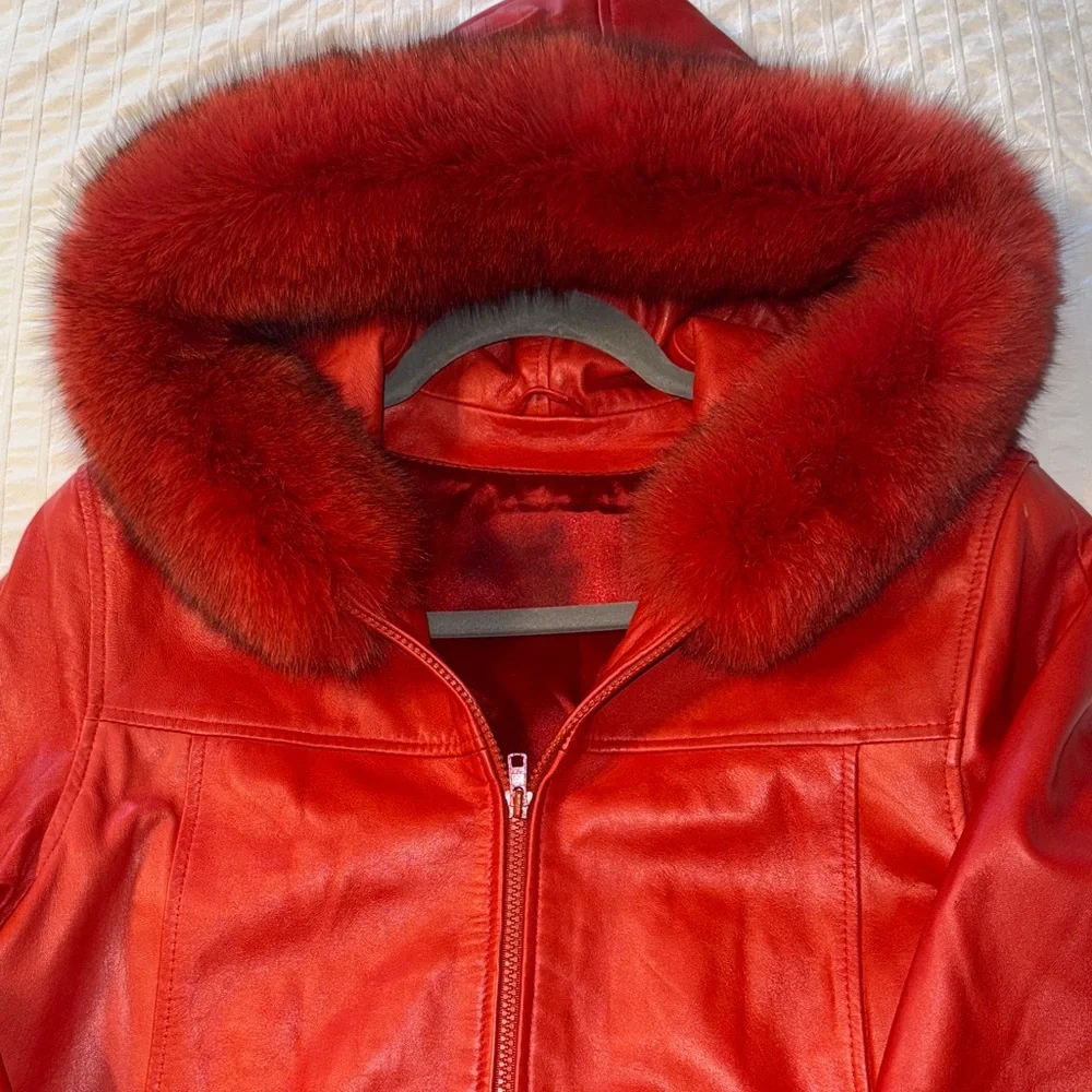 Women's Red Leather Jacket with fox Fur around the hood🥰 - Picture 9 of 14